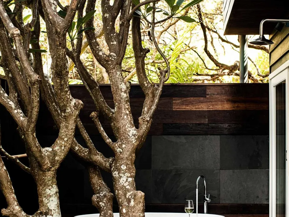 Outdoor stone bath beneath the frangipani trees