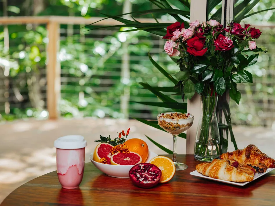 Gourmet breakfast hamper with fresh croissants and local produce