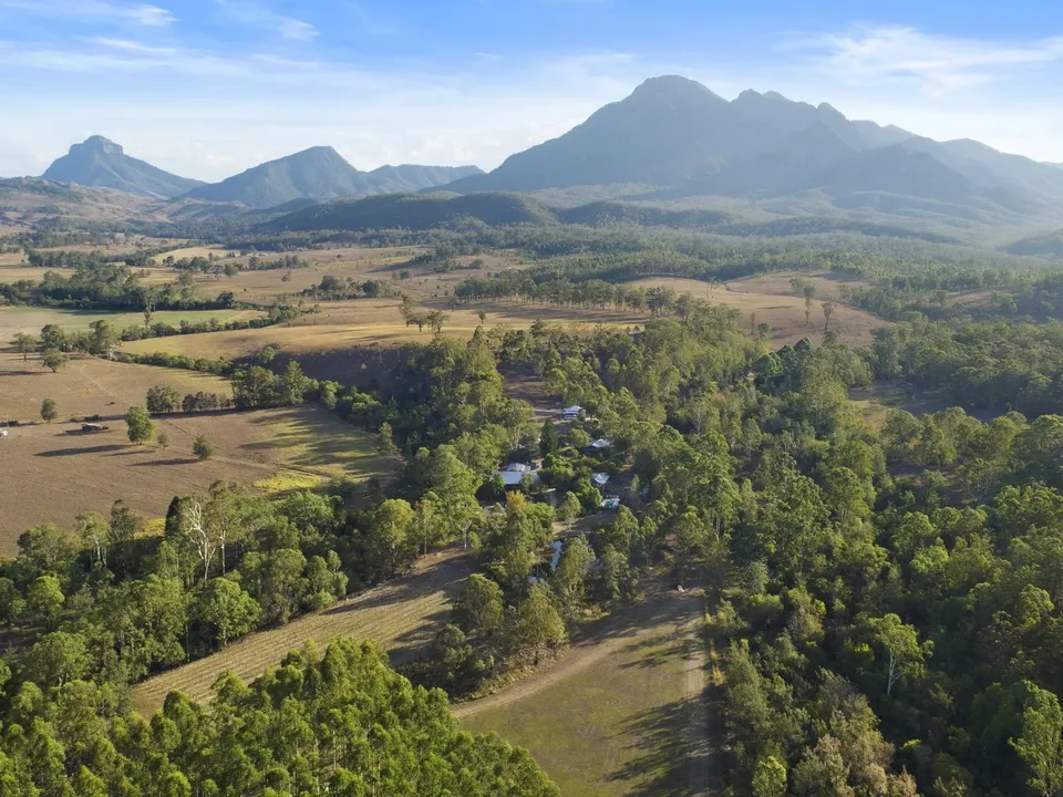 Aerial view of Barney Creek Vineyard Cottages with Mount Barney