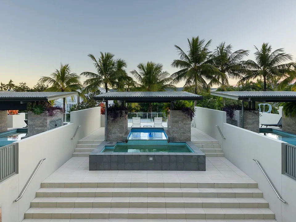 Private terrace pool area at sunset