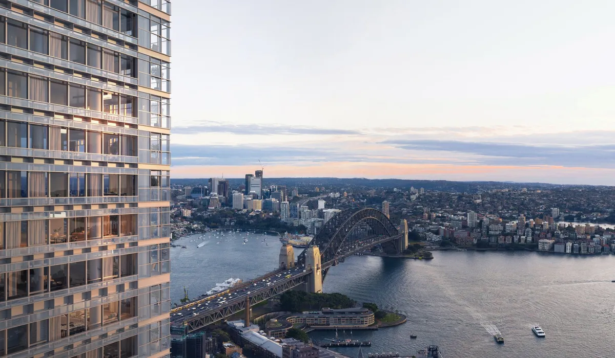 Aerial render of the One Circular Quay precinct showing the Waldorf Astoria hotel and adjacent residential tower