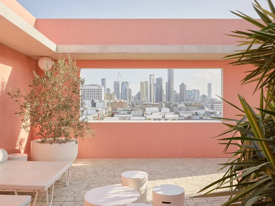 The Calile Suite rooftop terrace with Brisbane skyline views
