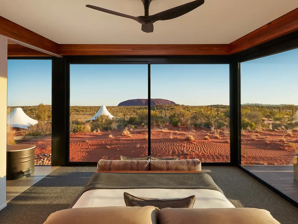 Dune Pavilion bedroom with panoramic views to Uluru