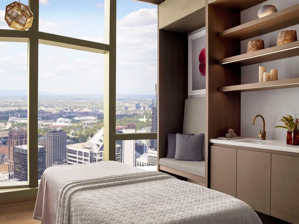Spa treatment room on level 64 overlooking the Melbourne cityscape